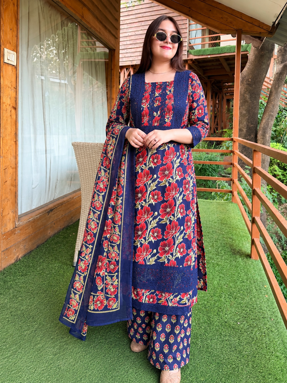 Navy Blue Gul-e-Shab Floral Lace 3-Piece Kurta Palazzo Set