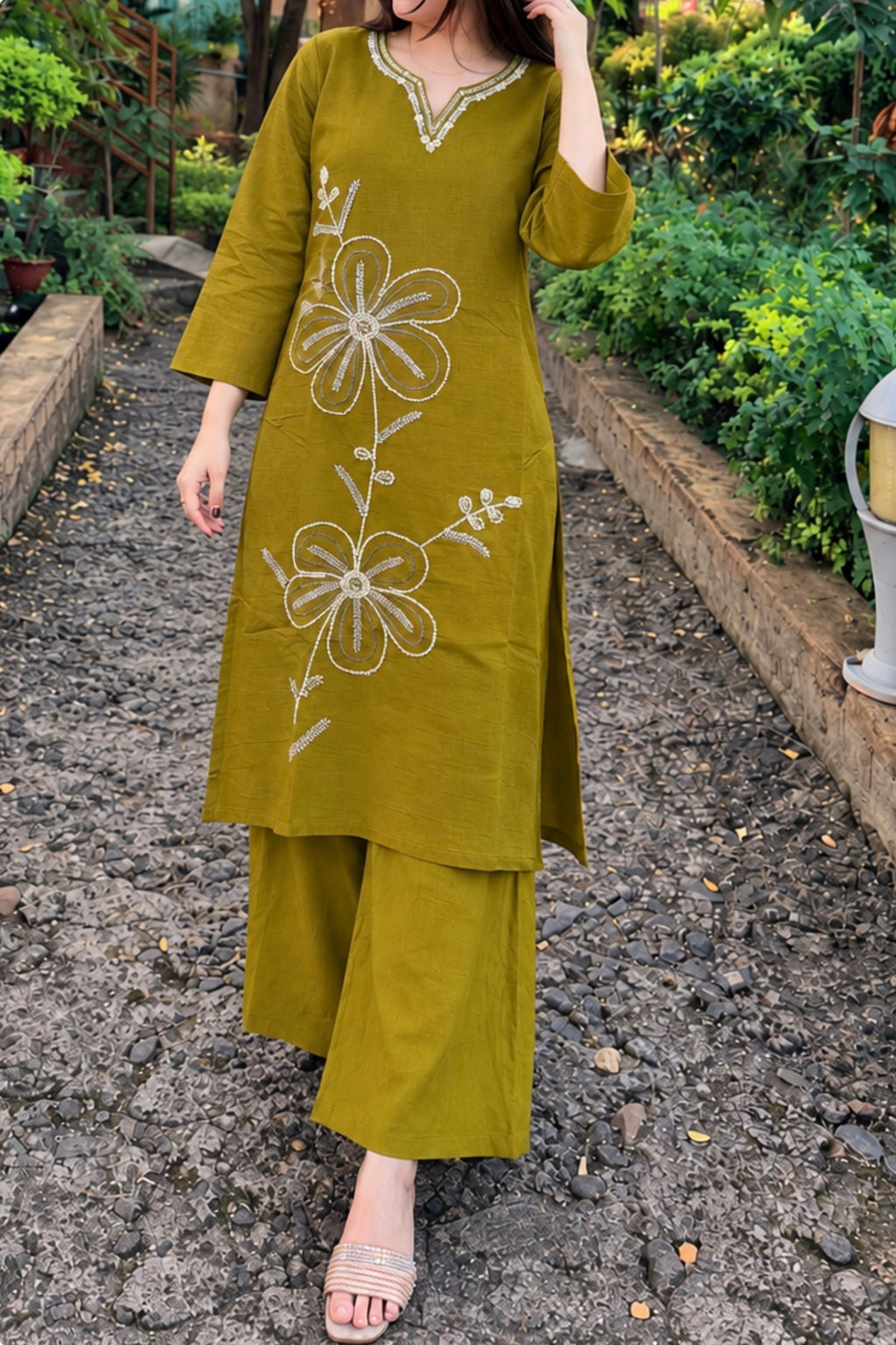 Olive Green Embroidered Cotton Slub Zareen Co-ord Set