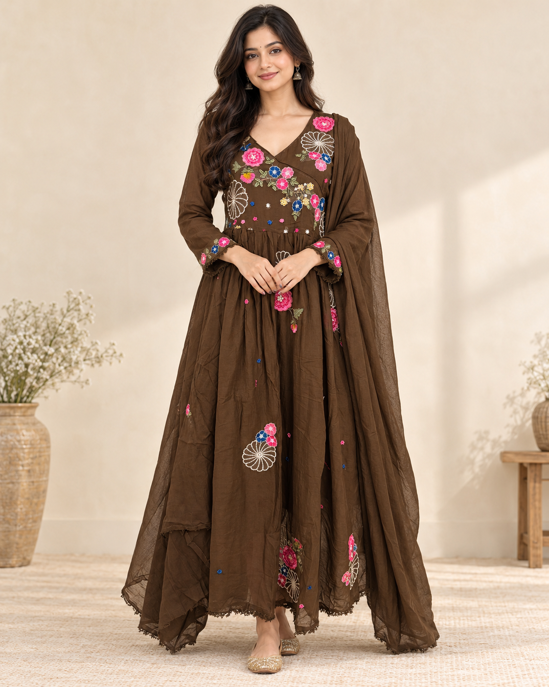 Chocolate Brown Embroidered Mahira Cotton Anarkali Suit