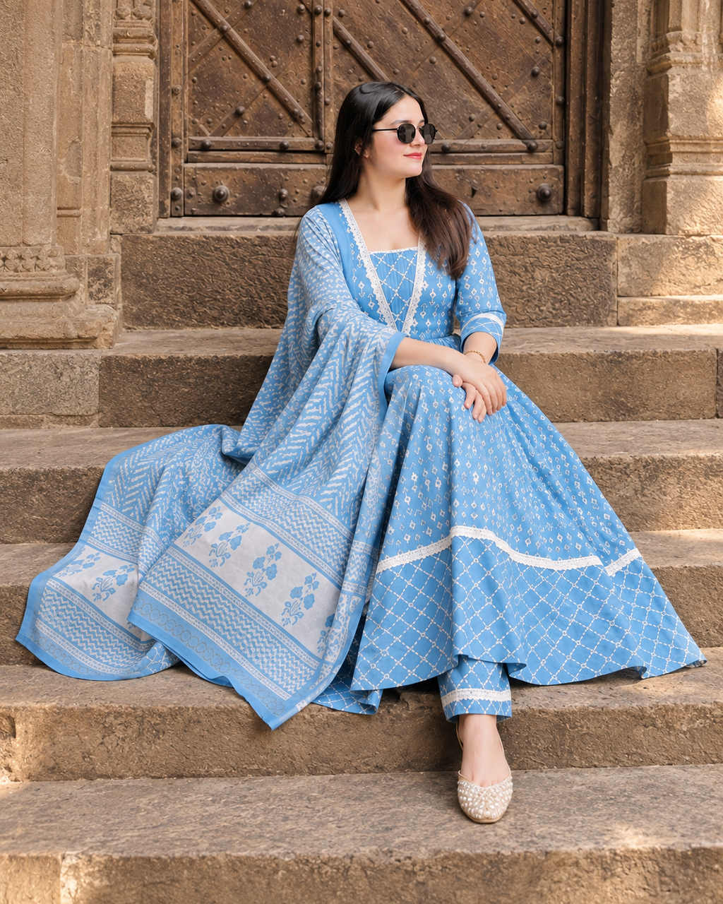 Sky Blue Cotton Ikat Naira Anarkali Suit