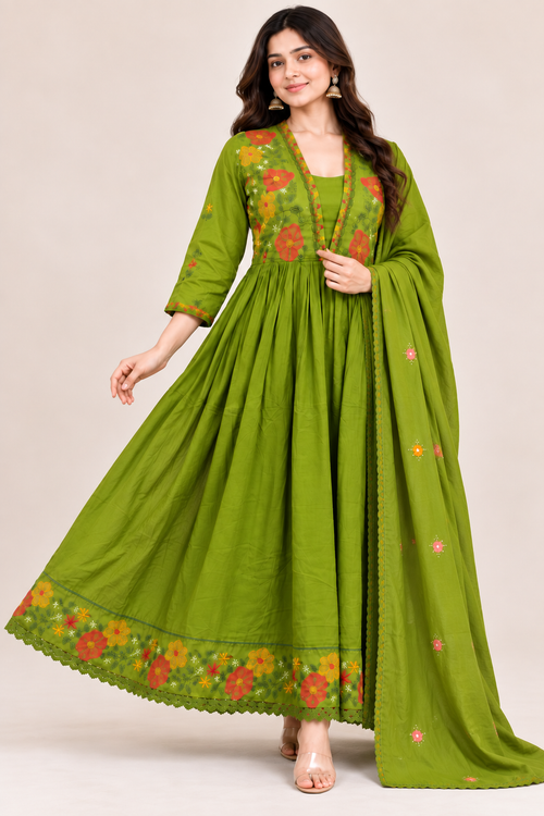 Green Pure Cotton Ayat Floral Embroidered Anarkali