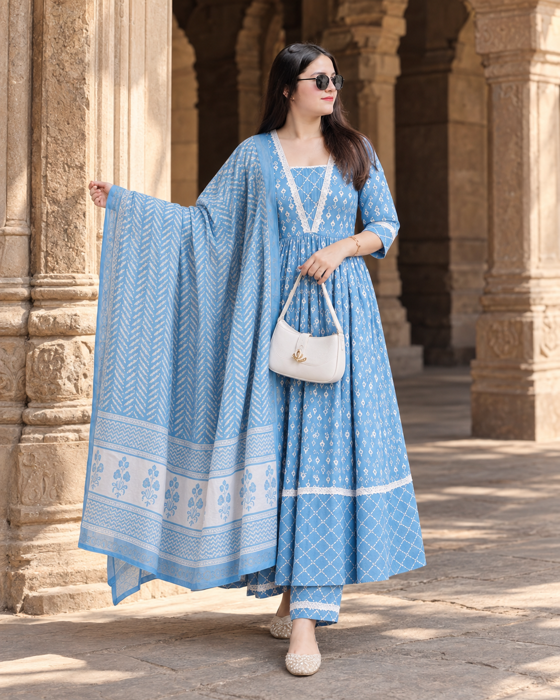 Sky Blue Cotton Ikat Naira Anarkali Suit