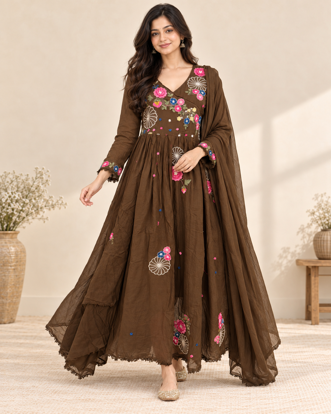Chocolate Brown Embroidered Mahira Cotton Anarkali Suit