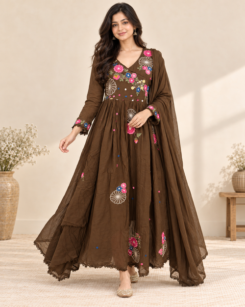 Chocolate Brown Embroidered Mahira Cotton Anarkali Suit