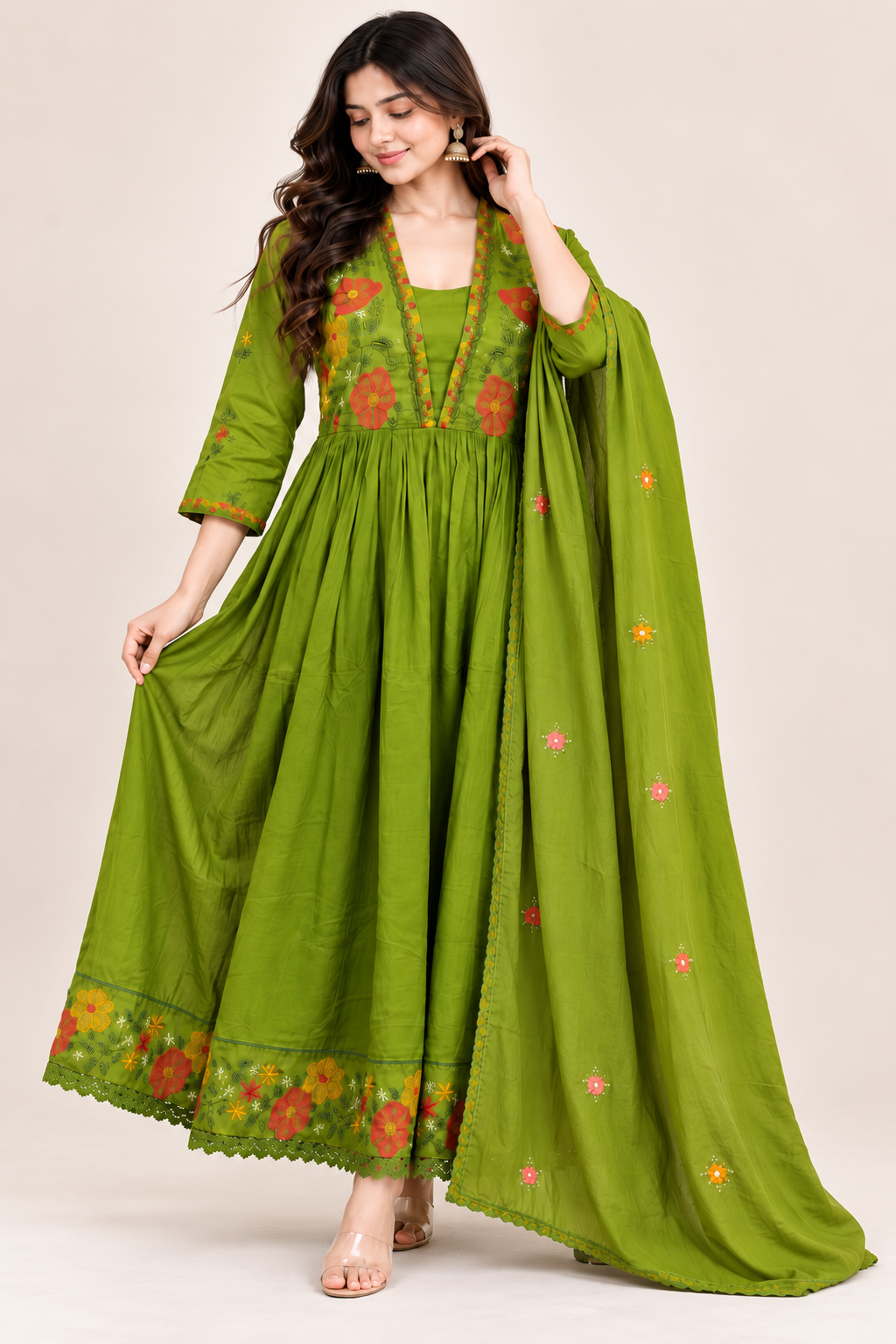 Green Pure Cotton Ayat Floral Embroidered Anarkali