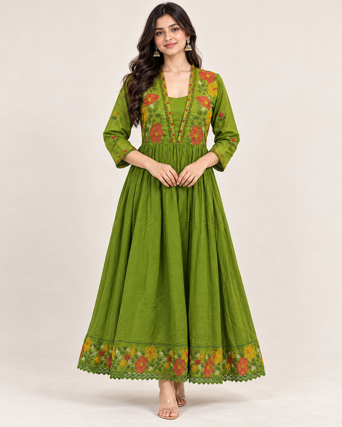 Green Pure Cotton Ayat Floral Embroidered Anarkali