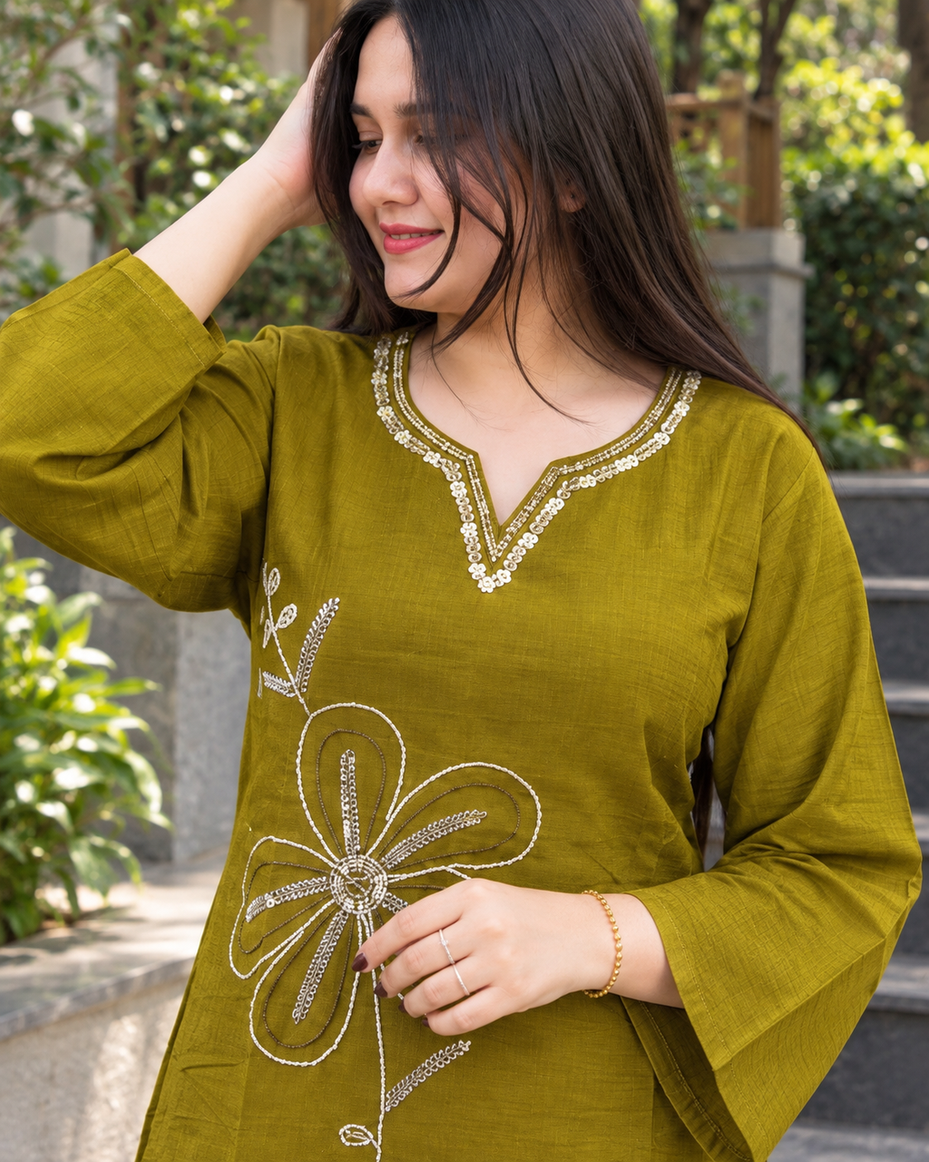 Olive Green Embroidered Cotton Slub Zareen Co-ord Set