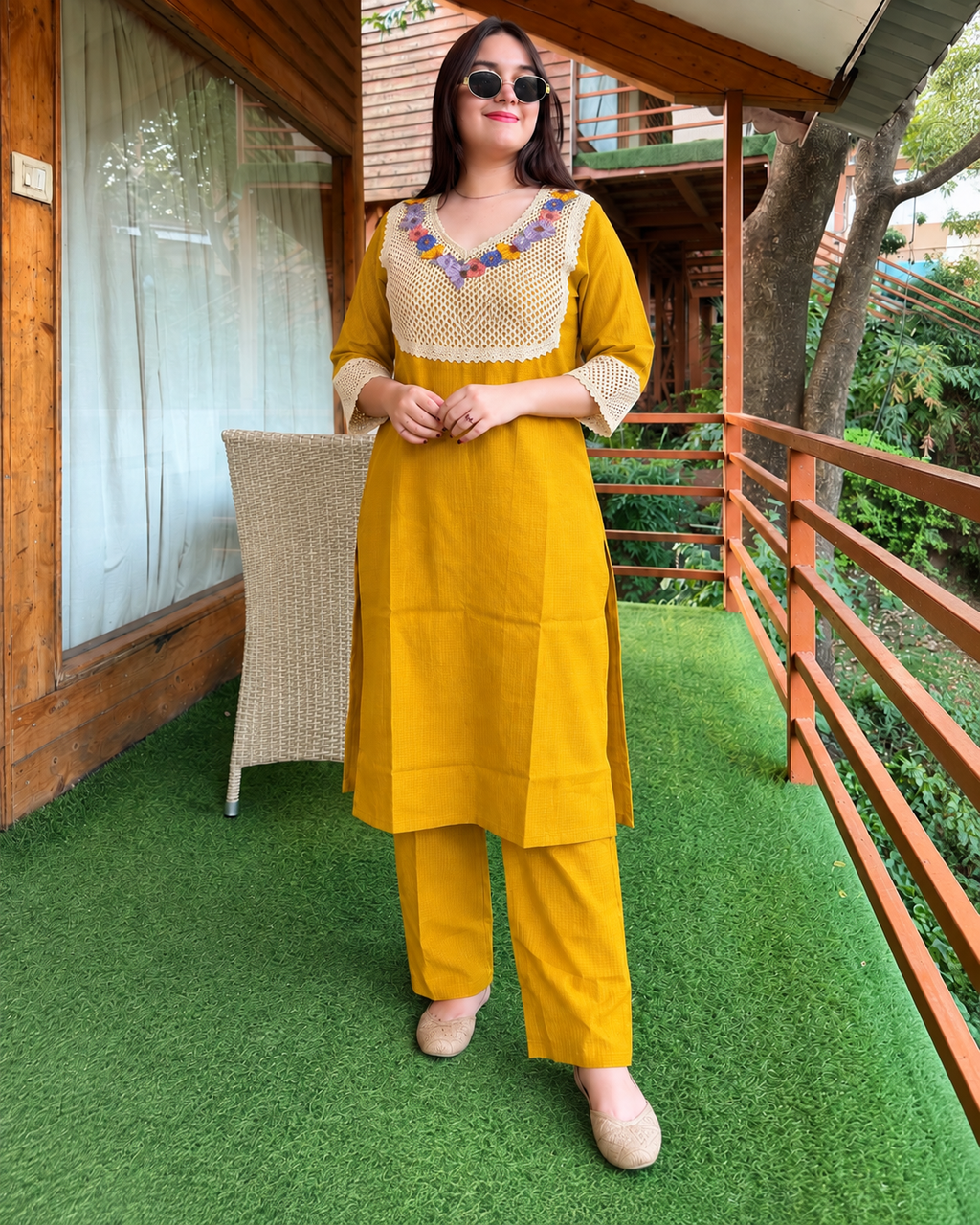 Mustard Yellow Floral Crochet Cotton Safa Co-ord Set