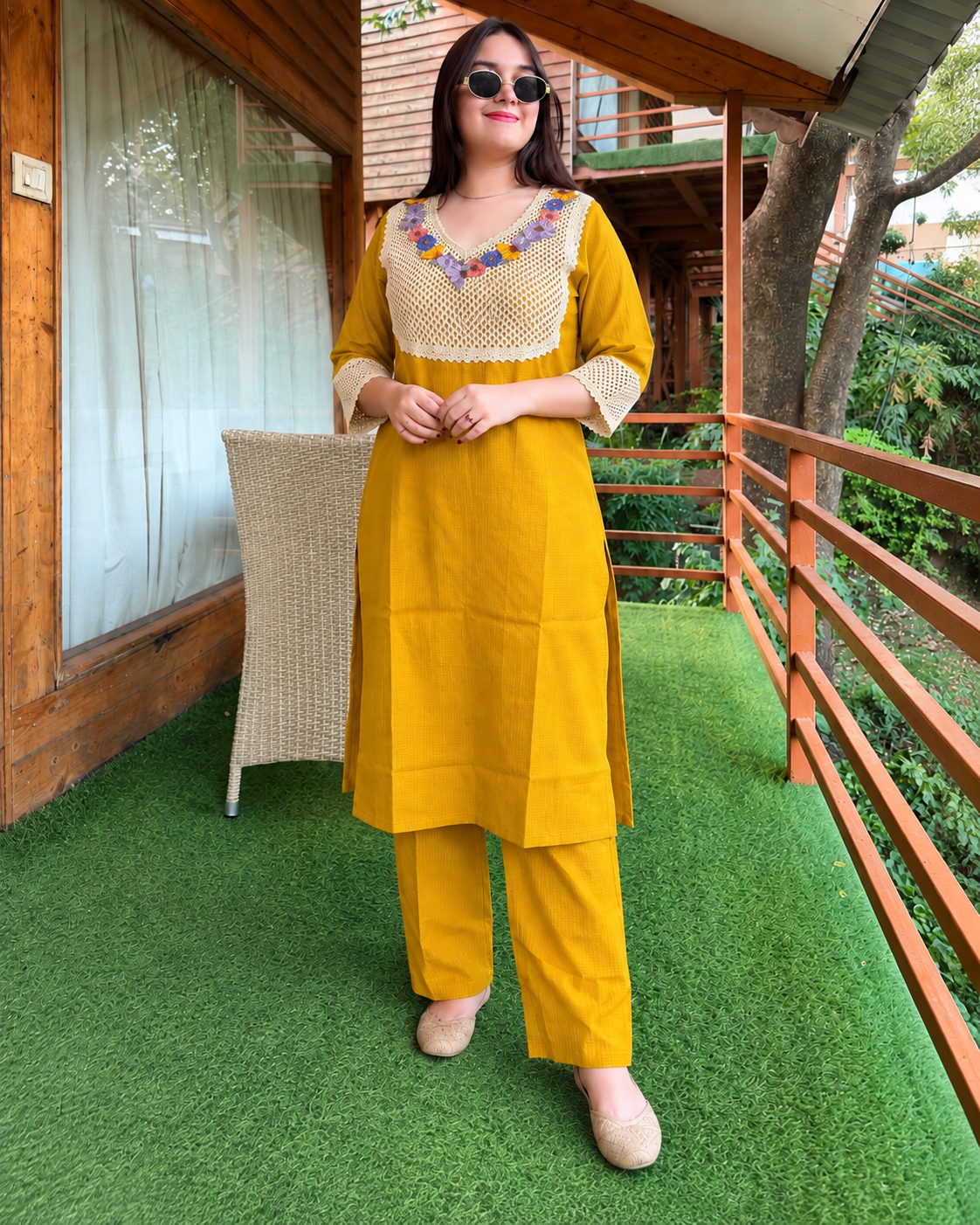 Mustard Yellow Floral Crochet Cotton Safa Co-ord Set