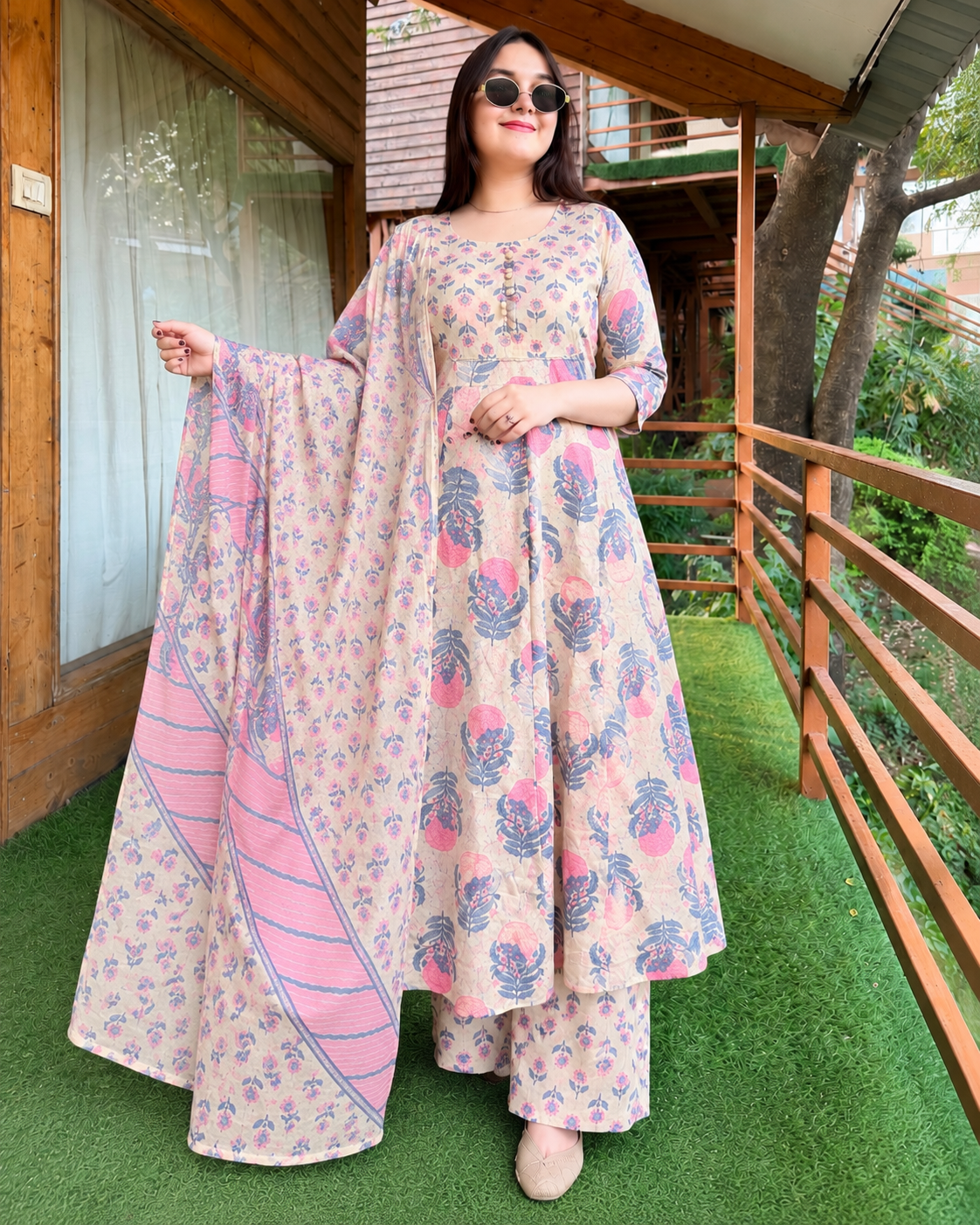 Pastel Pink Floral Block Print Cotton Anarkali Suit Set