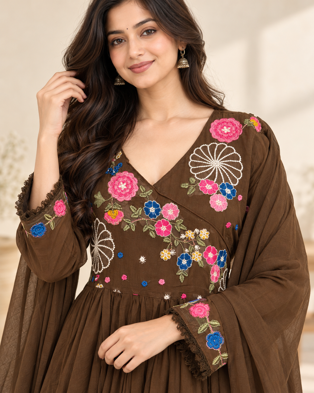 Chocolate Brown Embroidered Mahira Cotton Anarkali Suit