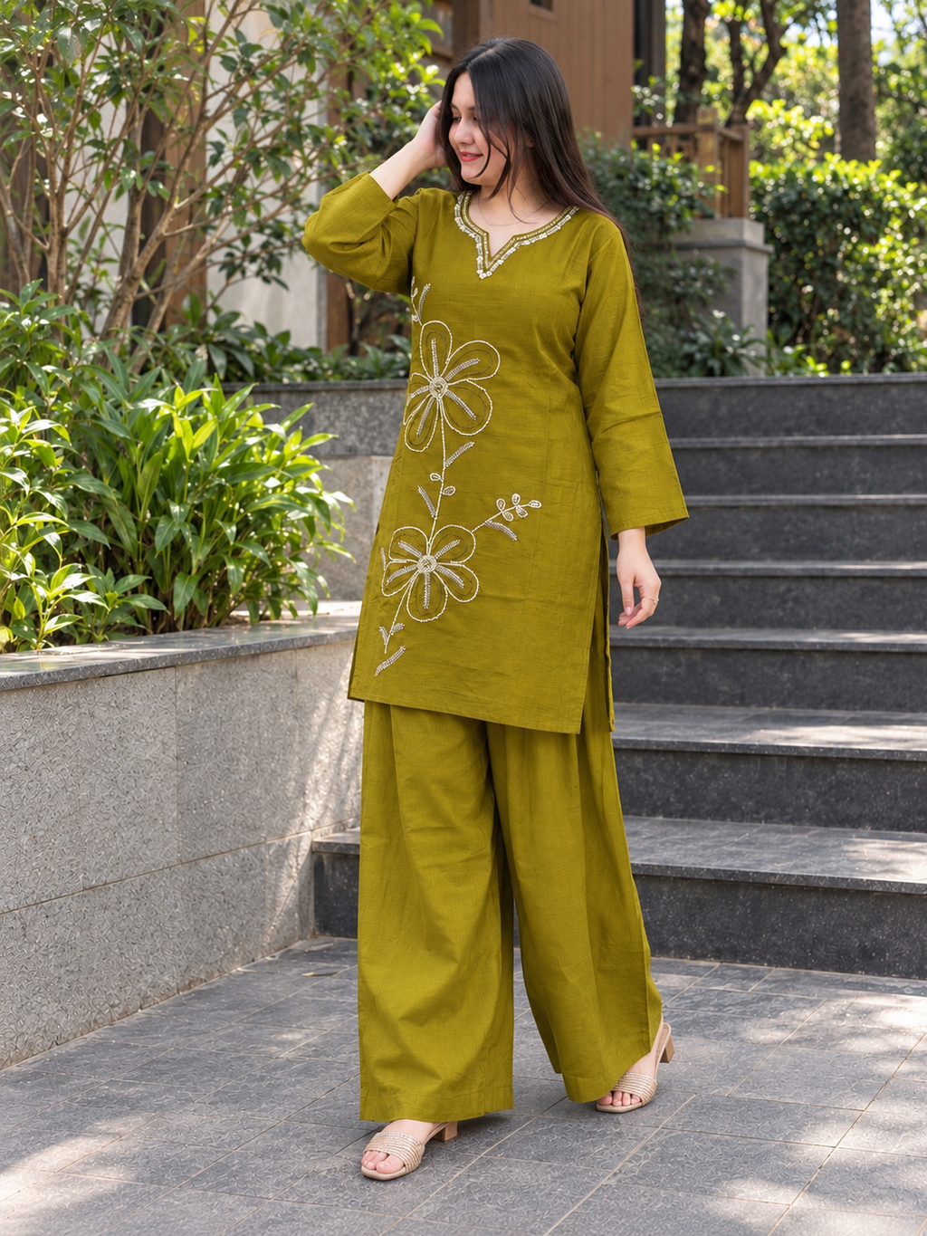 Olive Green Embroidered Cotton Slub Zareen Co-ord Set