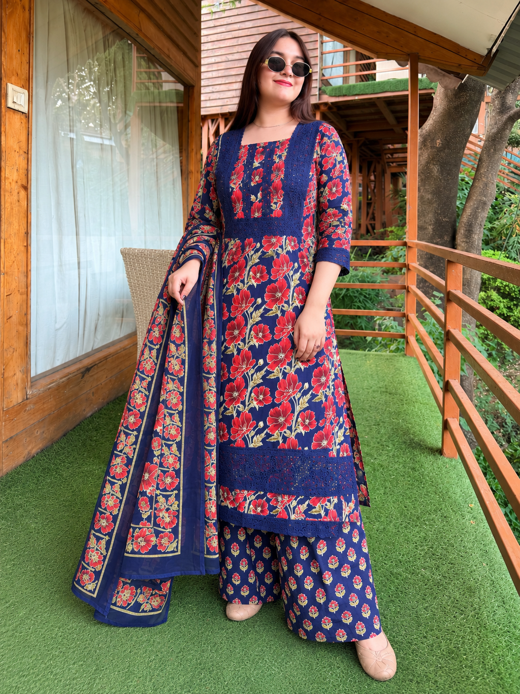 Navy Blue Gul-e-Shab Floral Lace 3-Piece Kurta Palazzo Set
