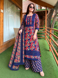 Navy Blue Gul-e-Shab Floral Lace 3-Piece Kurta Palazzo Set