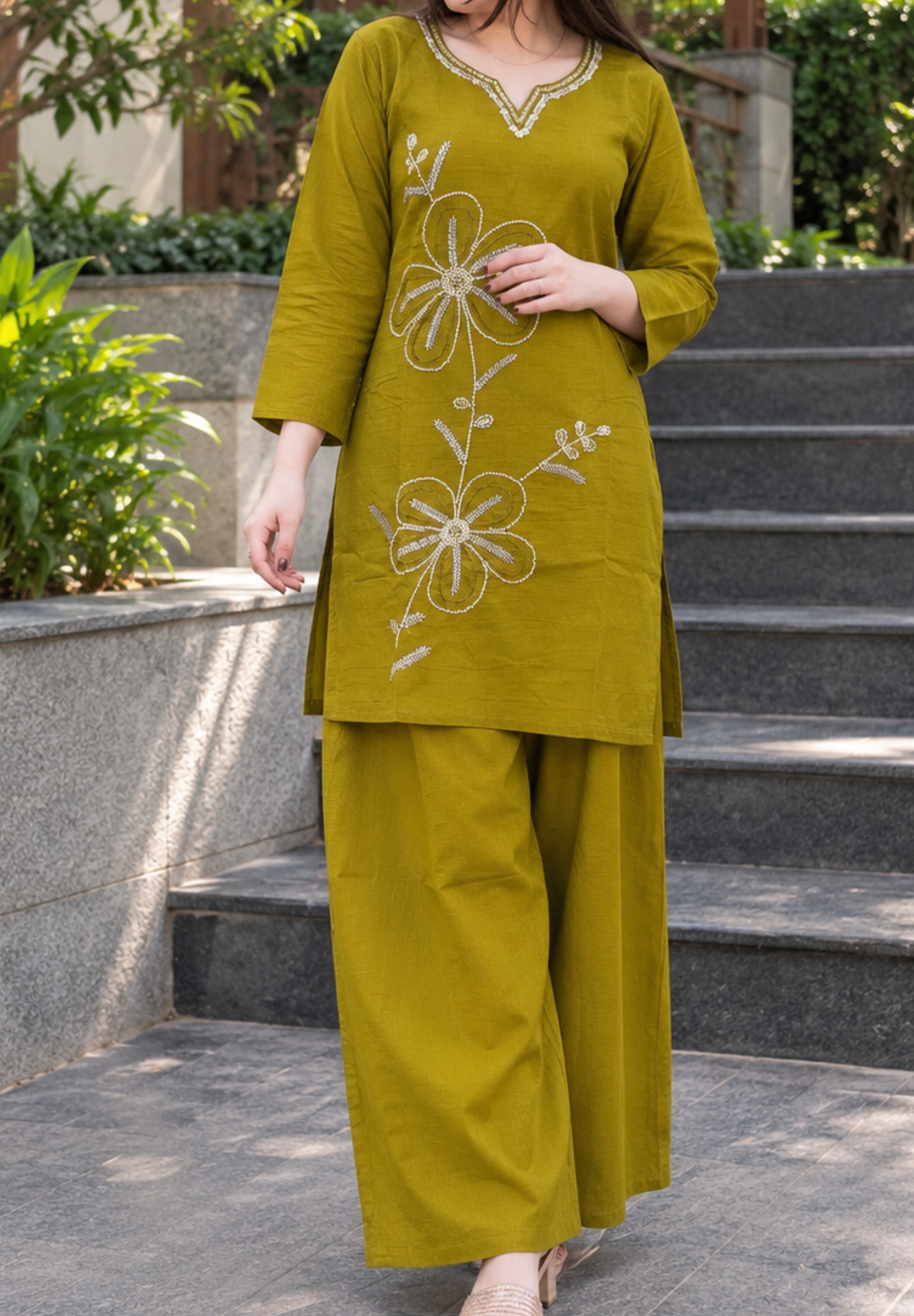 Olive Green Embroidered Cotton Slub Zareen Co-ord Set