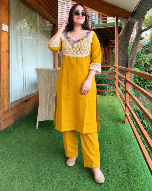Mustard Yellow Floral Crochet Cotton Safa Co-ord Set