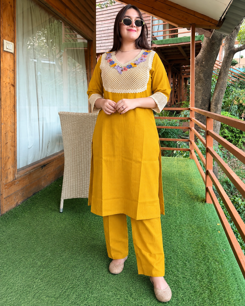 Mustard Yellow Floral Crochet Cotton Safa Co-ord Set