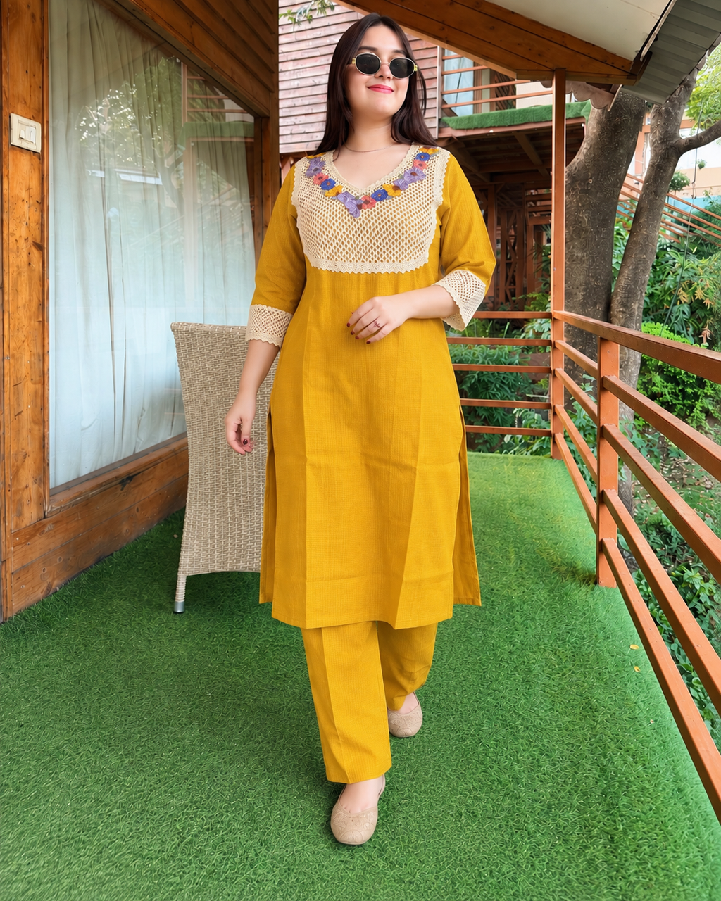 Mustard Yellow Floral Crochet Cotton Safa Co-ord Set