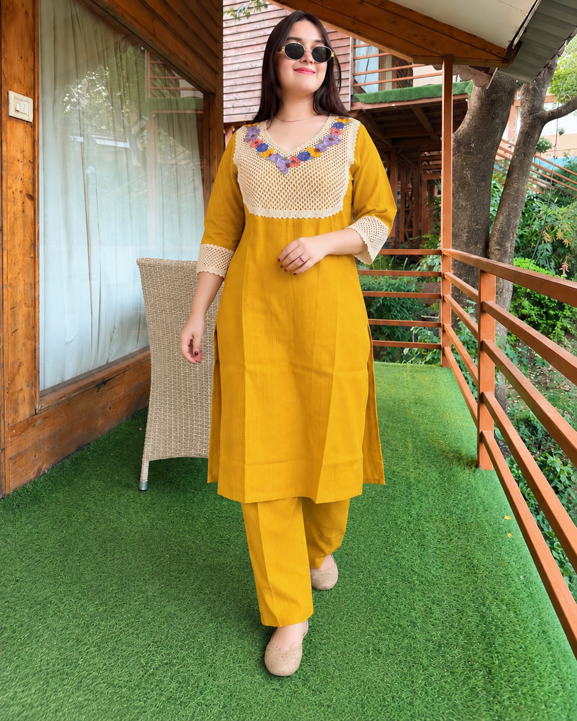 Mustard Yellow Floral Crochet Cotton Safa Co-ord Set