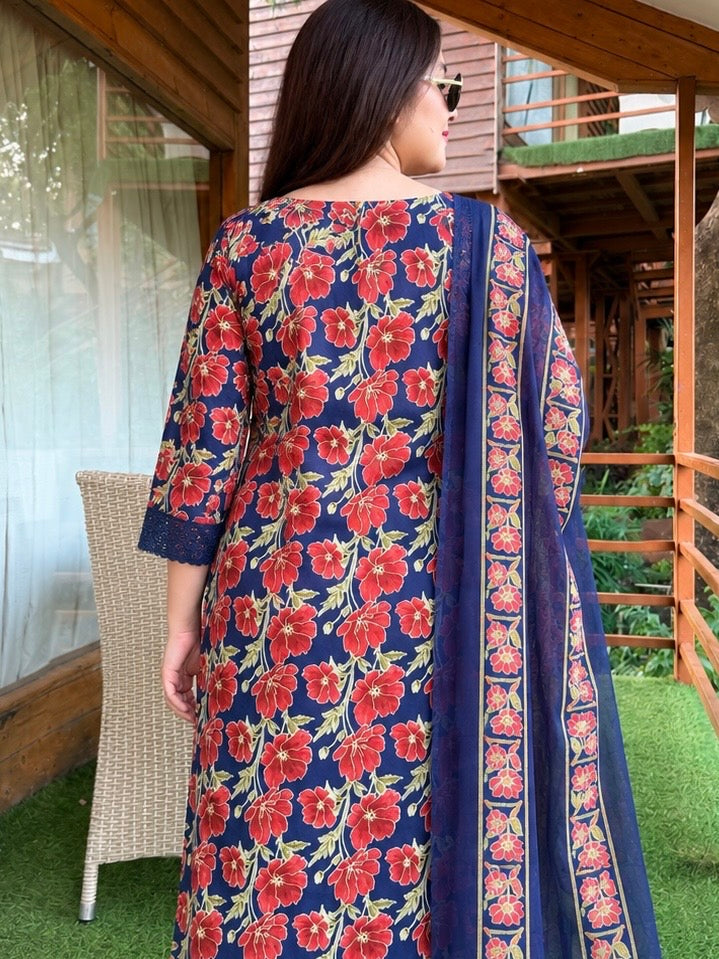 Navy Blue Gul-e-Shab Floral Lace 3-Piece Kurta Palazzo Set