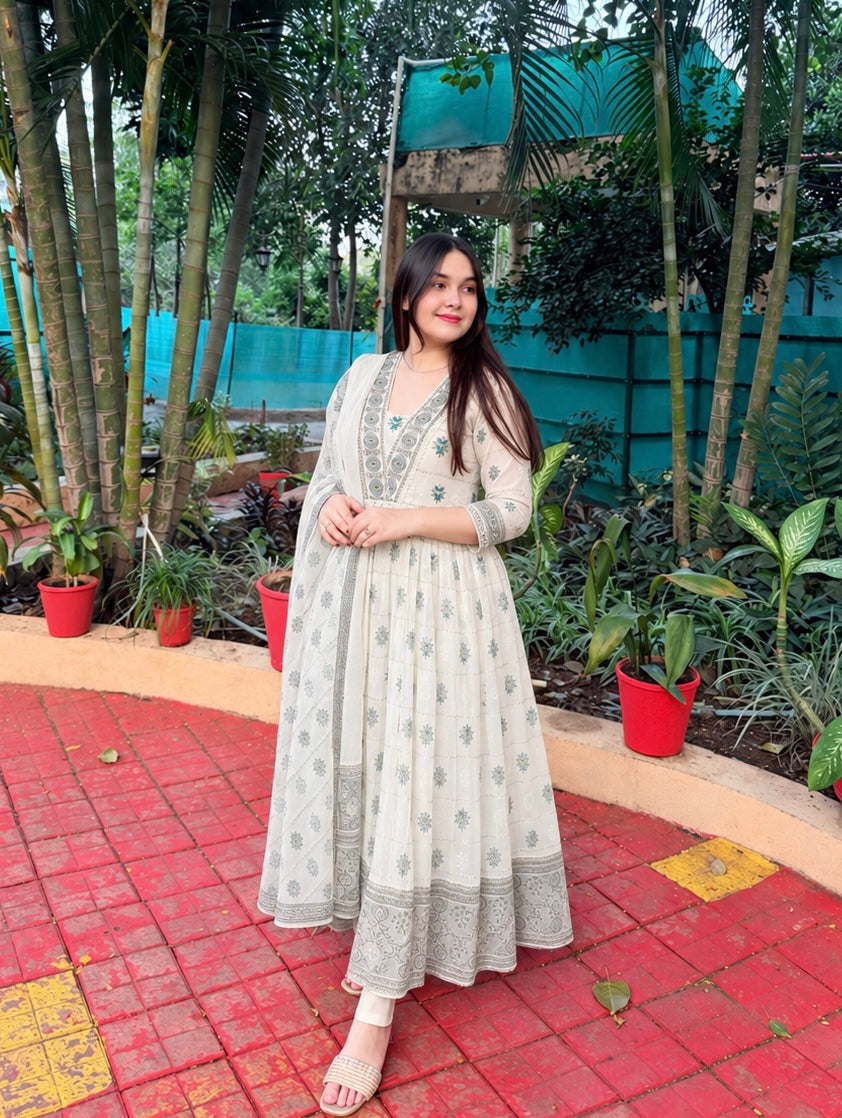 Ivory Embroidered Printed Cotton Sara Anarkali Suit