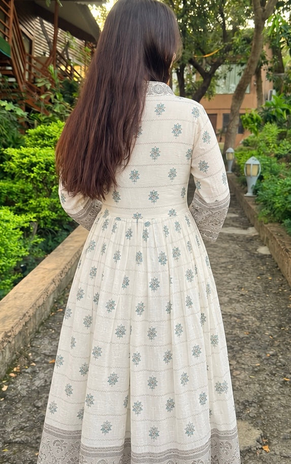Ivory Embroidered Printed Cotton Sara Anarkali Suit