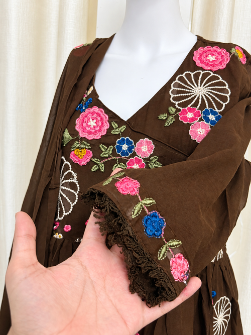 Chocolate Brown Embroidered Mahira Cotton Anarkali Suit