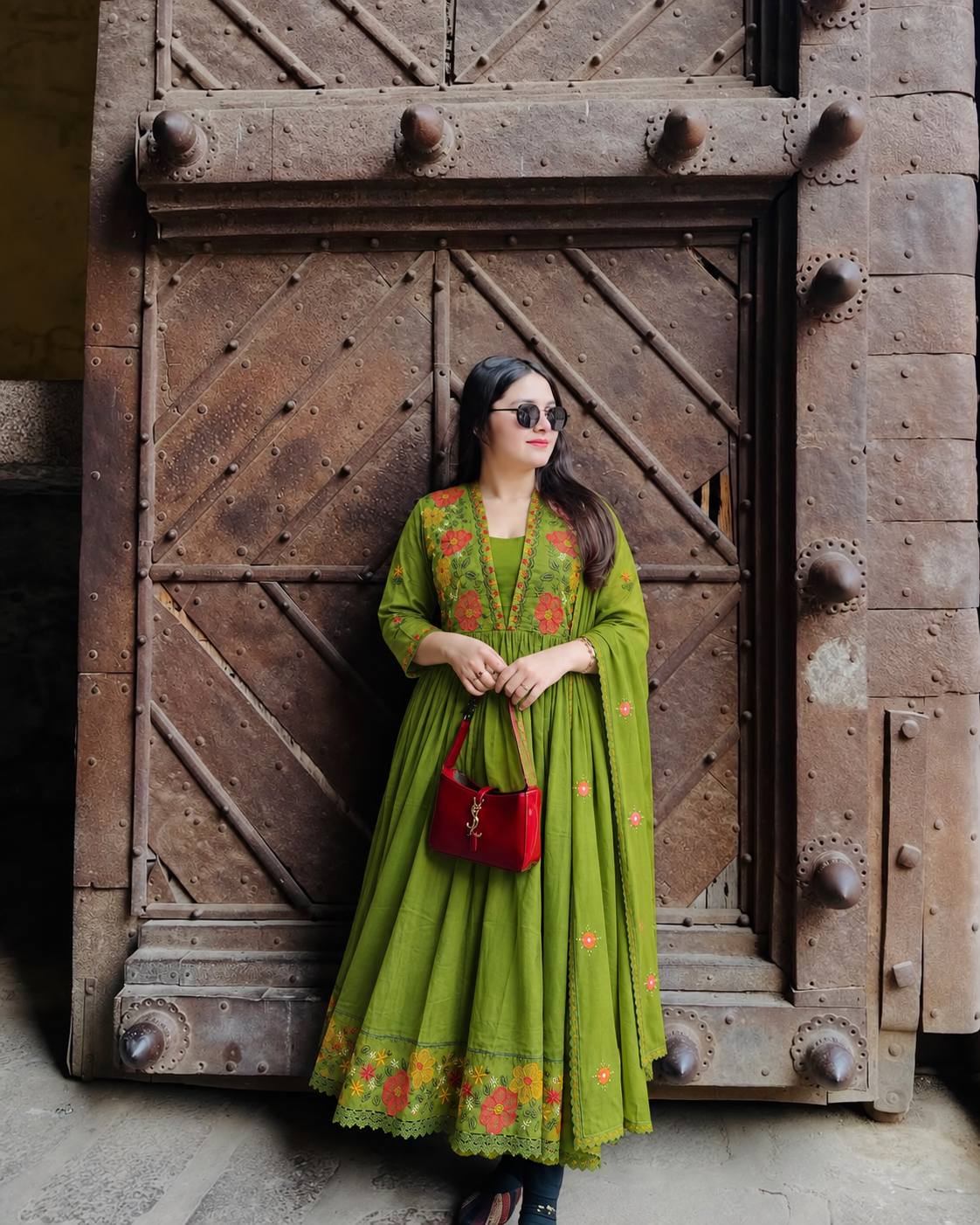 Green Mul Cotton Floral Embroidered AyatAnarkali
