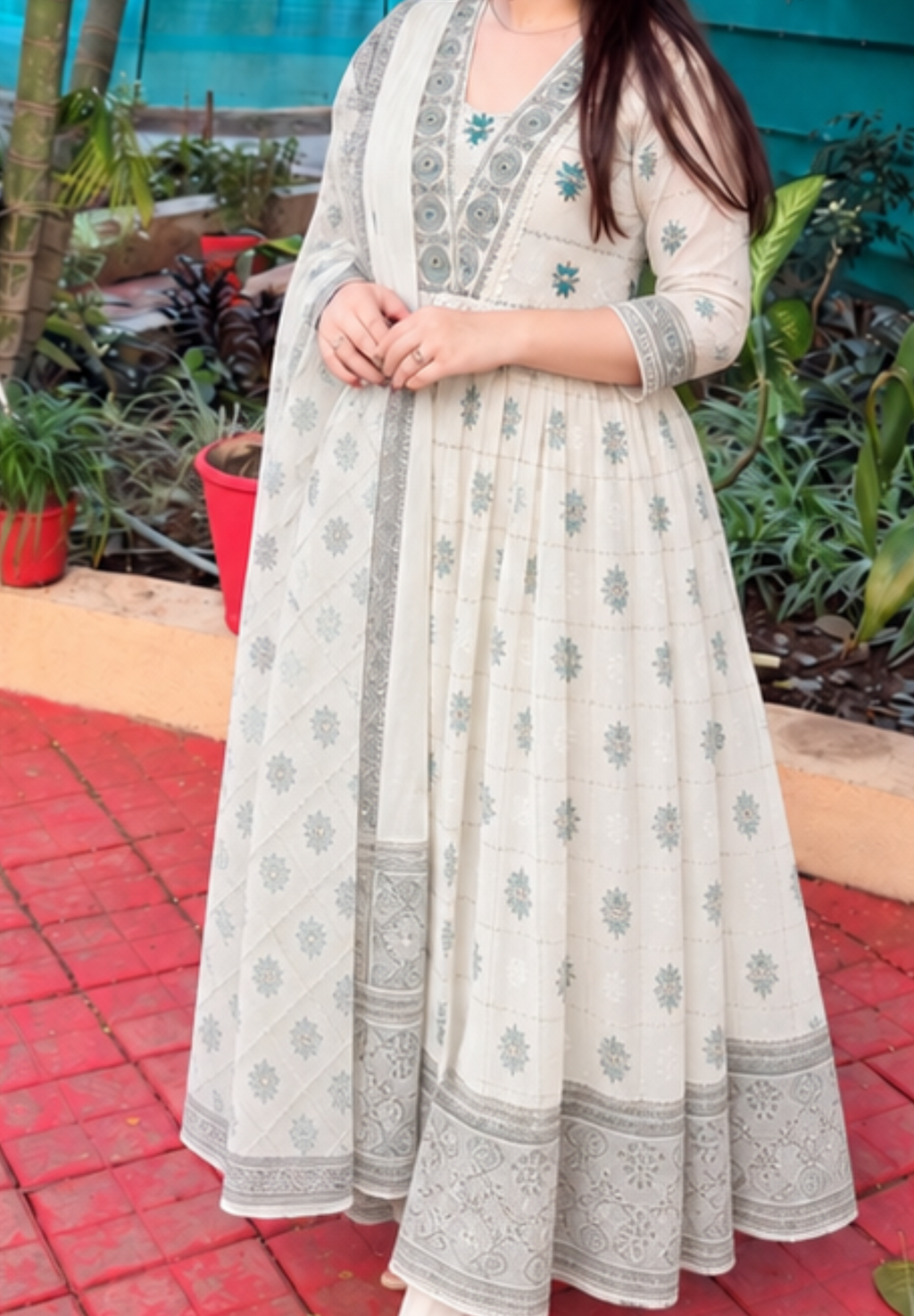 Ivory Embroidered Printed Cotton Sara Anarkali Suit