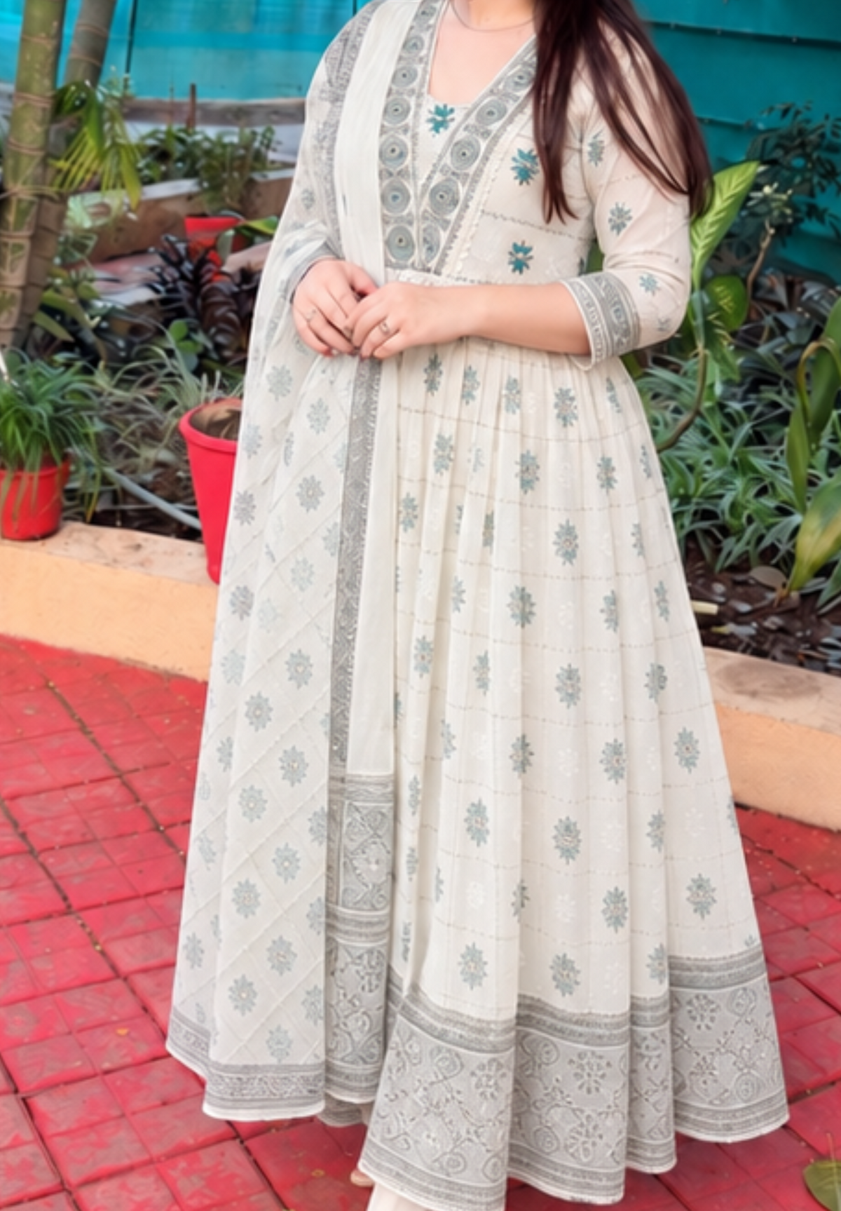 Ivory Embroidered Printed Cotton Sara Anarkali Suit
