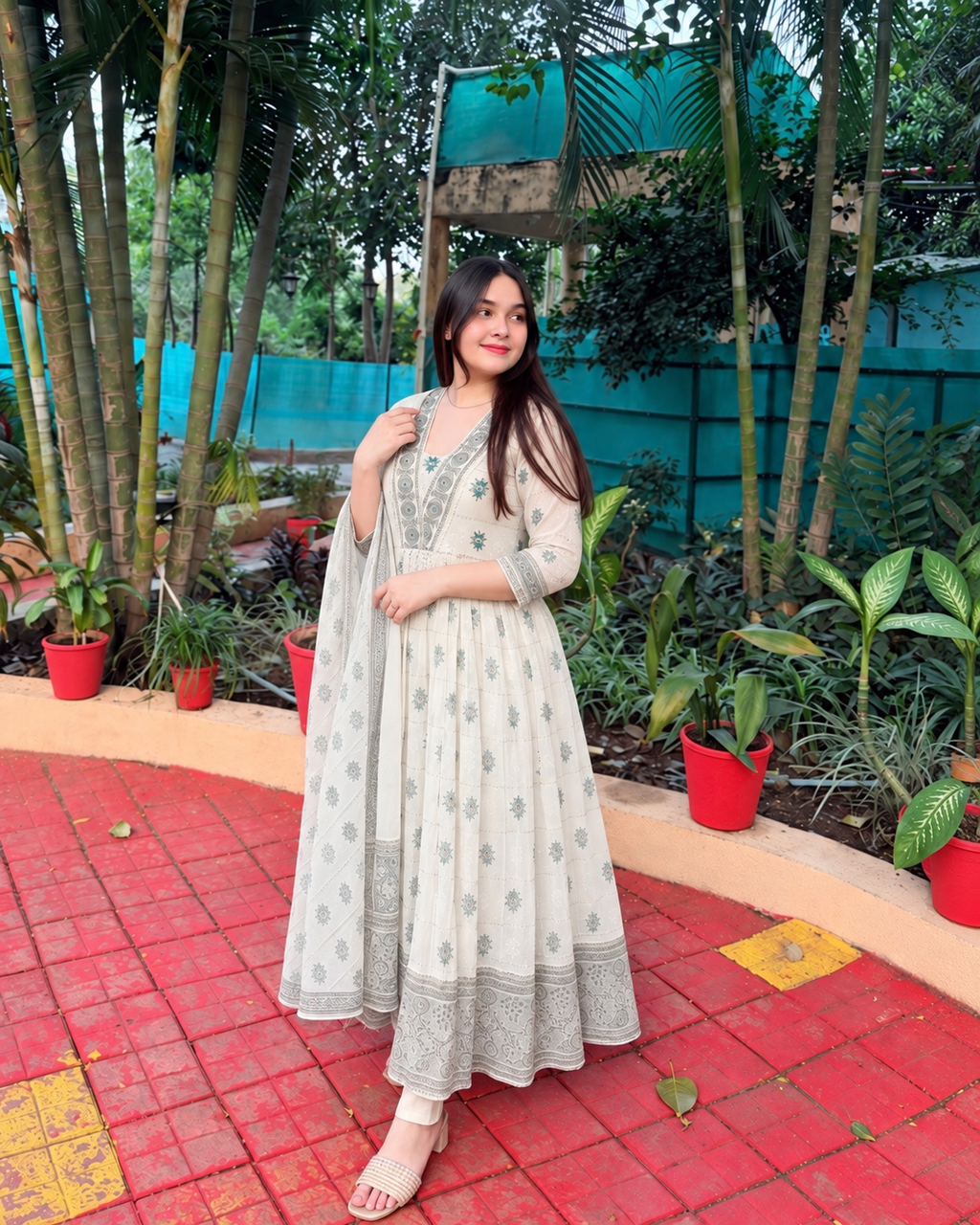 Ivory Embroidered Printed Cotton Sara Anarkali Suit