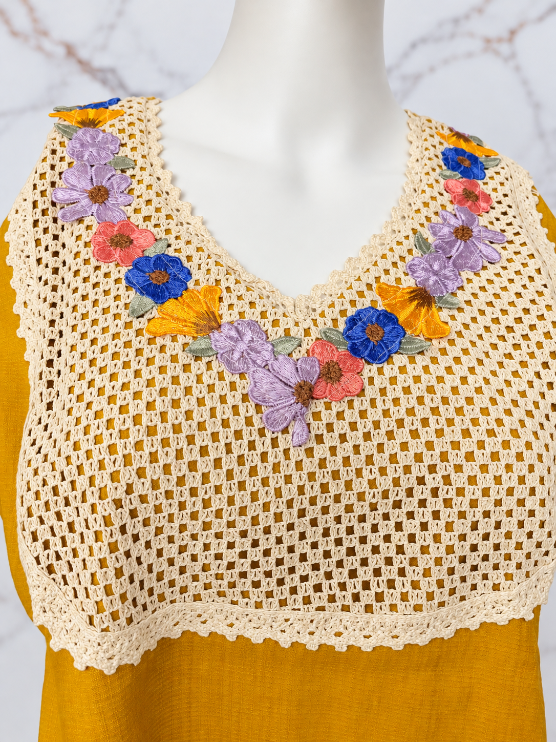 Mustard Yellow Floral Crochet Cotton Safa Co-ord Set
