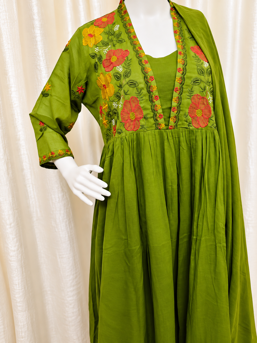 Green Pure Cotton Ayat Floral Embroidered Anarkali