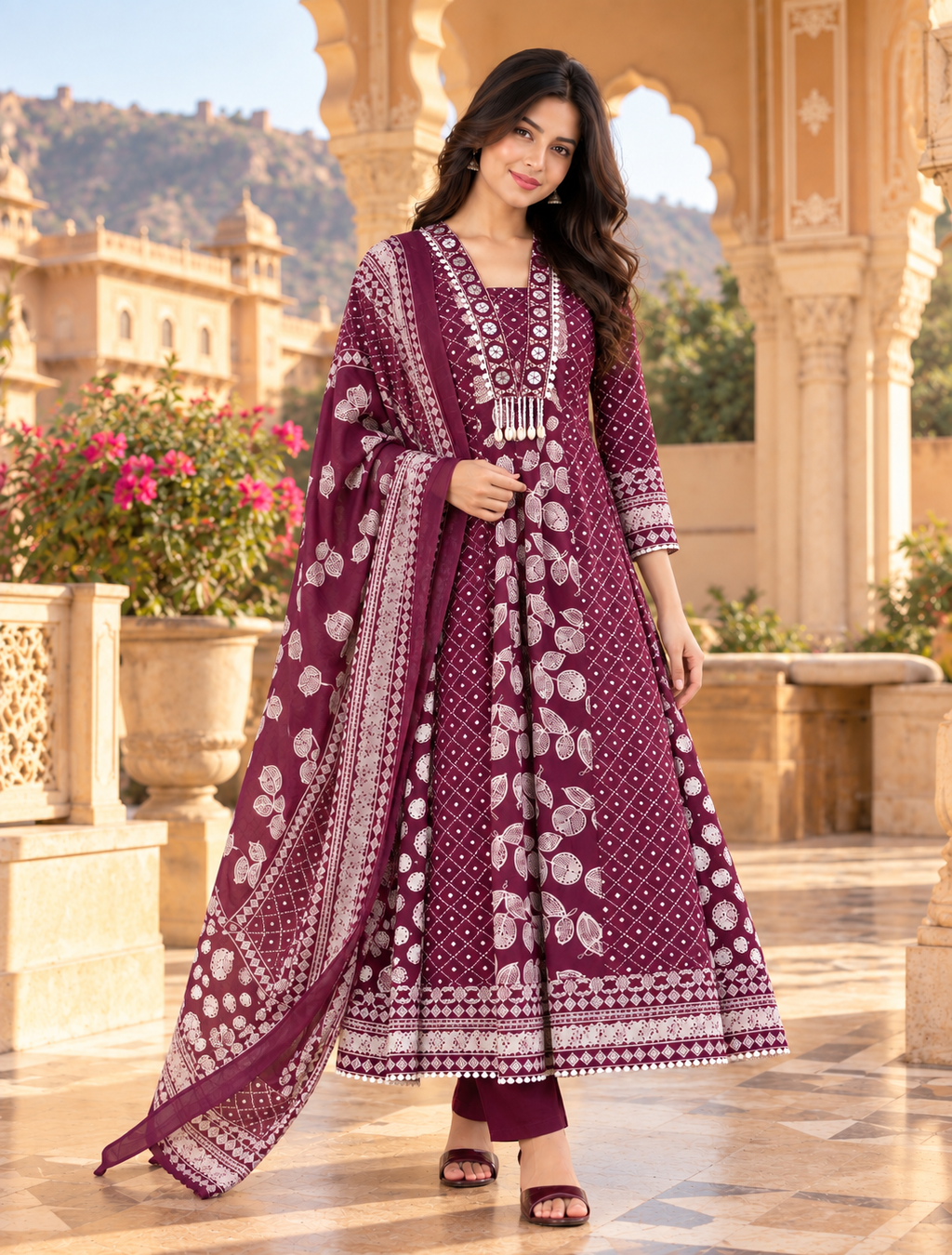 Deep Plum Wine Gulbahar Cotton Bandhani Anarkali Suit