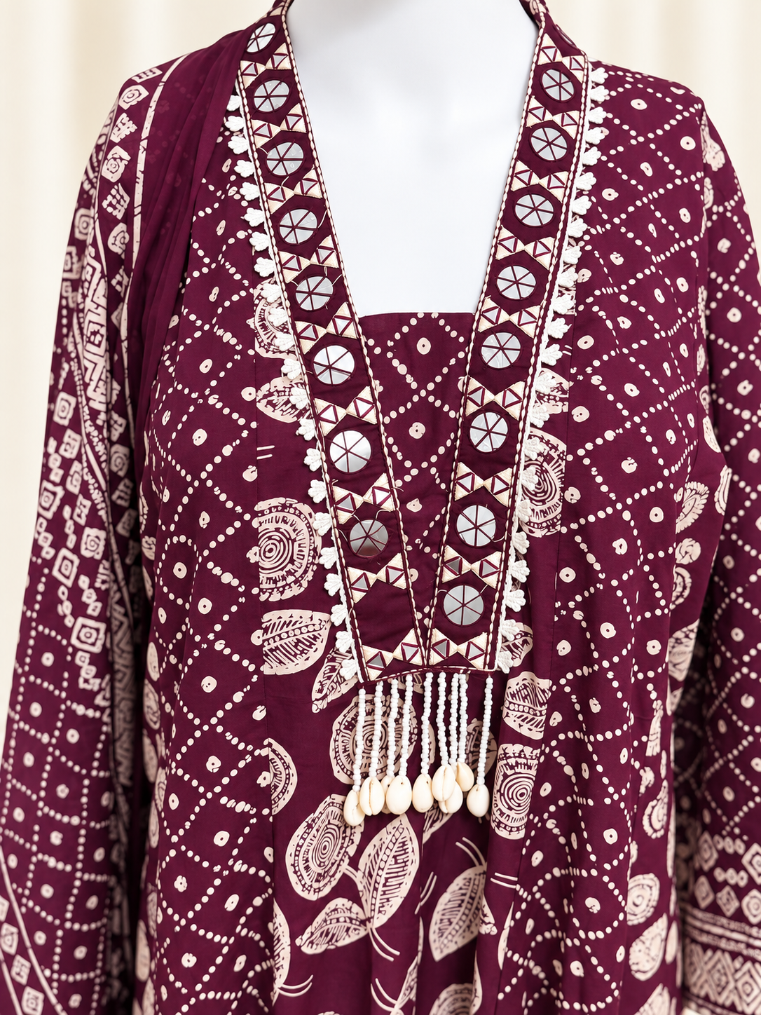 Gulbahar Anarkali mirror work neckline and shell tassel close-up